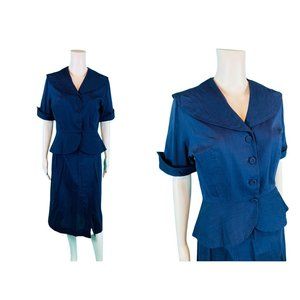 Vintage 50s Suit Set Womens Small Navy Blue Large Collar Top Skirt Outfit